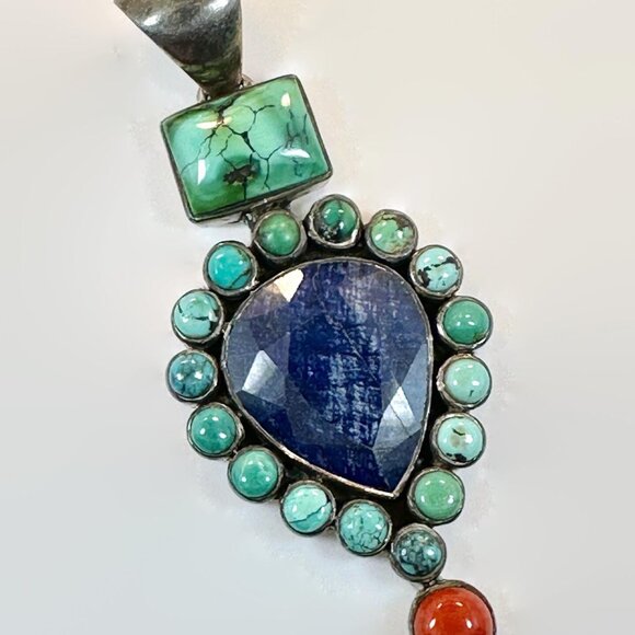 Lapis Pendant, Turquoise, Sterling Silver, Coral, Vintage, Large, 3 1/3" Long - Picture 4 of 5